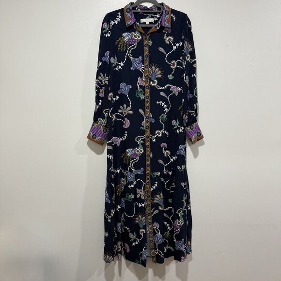 LOFT Navy Pheasant Pleated Floral Peacock Maxi Long Sleeve Dress Women Size 12T - Picture 2 of 9